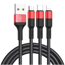 Дата кабель Hoco X26 Xpress 3in1 USB to Lightning/Type-C/MicroUSB 2A (1.2m) - Чорний / Червоний