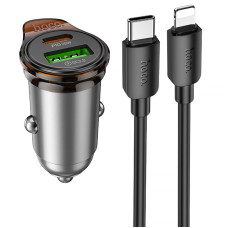 Автомобильное зарядное устройство Hoco NZ16A Rigorous 43W (1USB-A/1C) + кабель Type-C to Lightning - Metal grey