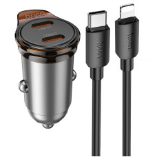 Автомобильное зарядное устройство Hoco NZ16B Rigorous PD45W (2USB-C) + кабель Type-C to Lightning - Metal grey