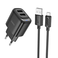 Мережевий зарядний пристрій Hoco C141A Smart 2.1A (2USB-A) + кабель USB to MicroUSB - Black