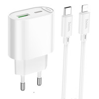 Мережевий зарядний пристрій Hoco C109A Fighter PD20W+QC3.0 (1USB-A/1C) + кабель Type-C to Lightning - White