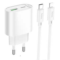 Мережевий зарядний пристрій Hoco C109A Fighter PD20W+QC3.0 (1USB-A/1C) + кабель Type-C to Lightning - White