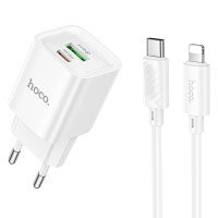 Сетевое зарядное устройство Hoco C147A PD20W+QC3.0 (1USB-A/1C) + кабель Type-C to Lightning - White
