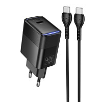 Мережевий зарядний пристрій Hoco CS113A Lounge PD40W (1USB-C) + кабель Type-C to Type-C - Black