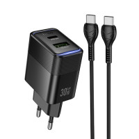 Мережевий зарядний пристрій Hoco CS112A Lounge PD30W+QC3.0 (1USB-A/1C) + кабель Type-C to Type-C - Black