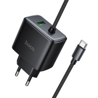 Мережевий зарядний пристрій Hoco C164A New PD30W+QC3.0 (1USB-A/1C) + встроенный кабель Type-C - Black