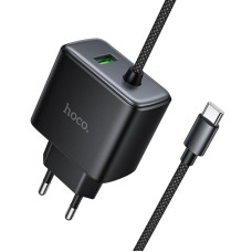 Мережевий зарядний пристрій Hoco C164A New PD30W+QC3.0 (1USB-A/1C) + встроенный кабель Type-C - Black
