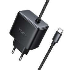 Мережевий зарядний пристрій Hoco C163A New PD25W (1USB-C) + встроенный кабель Type-C - Black