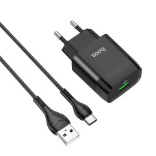 Мережевий зарядний пристрій Hoco C72Q Glorious QC3.0 18W (1USB-A) + кабель USB to Type-C - Чорний