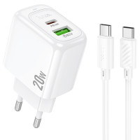 Мережевий зарядний пристрій Hoco CS54A Surplus PD20W+QC3.0 (1USB-A/1C) + кабель Type-C to Type-C - White