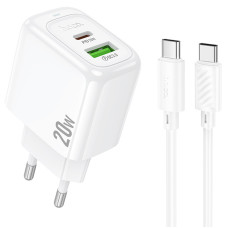 Мережевий зарядний пристрій Hoco CS54A Surplus PD20W+QC3.0 (1USB-A/1C) + кабель Type-C to Type-C - White