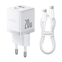 Мережевий зарядний пристрій Baseus Palm Fast Charger PD20W+QC3.0 (1USB-A/1C) + кабель Type-C to Type-C (P10111608) - Moon White
