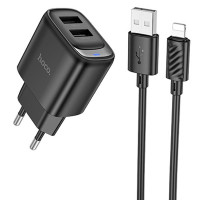 Мережевий зарядний пристрій Hoco C141A Smart 2.1A (2USB-A) + кабель USB to Lightning - Black