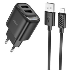 Мережевий зарядний пристрій Hoco C141A Smart 2.1A (2USB-A) + кабель USB to Lightning - Black