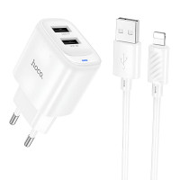 Мережевий зарядний пристрій Hoco C141A Smart 2.1A (2USB-A) + кабель USB to Lightning - White