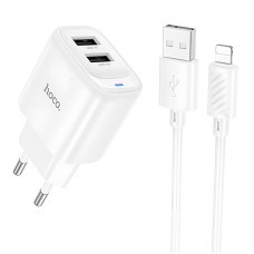 Мережевий зарядний пристрій Hoco C141A Smart 2.1A (2USB-A) + кабель USB to Lightning - White