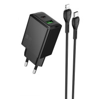 Мережевий зарядний пристрій Hoco N71 Nuevo PD30W+QC3.0 (1USB-A/1C) + кабель Type-C to Lightning - Black