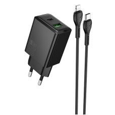 Мережевий зарядний пристрій Hoco N71 Nuevo PD30W+QC3.0 (1USB-A/1C) + кабель Type-C to Lightning - Black