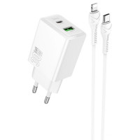 Мережевий зарядний пристрій Hoco N71 Nuevo PD30W+QC3.0 (1USB-A/1C) + кабель Type-C to Lightning - White