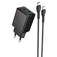 Сетевое зарядное устройство Hoco N71 Nuevo PD30W+QC3.0 (1USB-A/1C) + кабель Type-C to Type-C - Black
