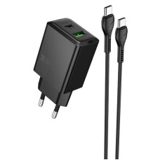 Мережевий зарядний пристрій Hoco N71 Nuevo PD30W+QC3.0 (1USB-A/1C) + кабель Type-C to Type-C - Black