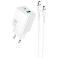 Мережевий зарядний пристрій Hoco N71 Nuevo PD30W+QC3.0 (1USB-A/1C) + кабель Type-C to Type-C - White