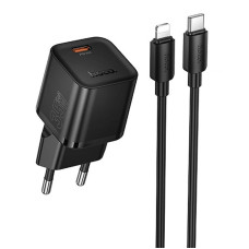 Мережевий зарядний пристрій Hoco N66 Ingenious PD35W (1USB-C) + кабель Type-C to Lightning - Black