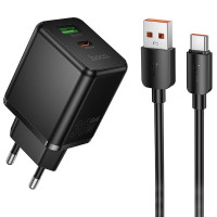 Мережевий зарядний пристрій Hoco C157A Smart PD30W+QC3.0 (1USB-A/1C) + кабель USB to Type-C - Black