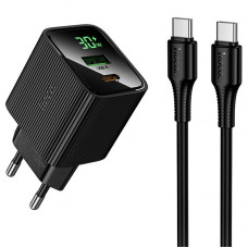 Мережевий зарядний пристрій Hoco CS84A Excellent with digital display PD30W+QC3.0 (1USB-A/1C) + кабель Type-C to Type-C - Black