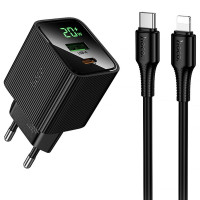 Мережевий зарядний пристрій Hoco CS83A Excellent with digital display PD20W+QC3.0 (1USB-A/1C) + кабель Type-C to Lightning - Black