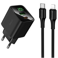 Мережевий зарядний пристрій Hoco CS83A Excellent with digital display PD20W+QC3.0 (1USB-A/1C) + кабель Type-C to Lightning - Black