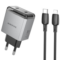 Мережевий зарядний пристрій Borofone BN21 Lena PD40W+QC3.0 (2USB-C) + кабель Type-C to Lightning - Metal gray