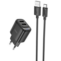 Мережевий зарядний пристрій Hoco C141A Smart 2.1A (2USB-A) + кабель USB to Type-C - Black