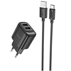 Мережевий зарядний пристрій Hoco C141A Smart 2.1A (2USB-A) + кабель USB to Type-C - Black