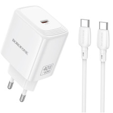 Мережевий зарядний пристрій Borofone BN33 Fuente PD40W (1USB-C) + кабель Type-C to Type-C - White
