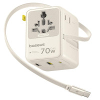 Сетевой универсальный переходник Baseus CG11 70W with retractable cable (2USB-A/3C/1Socket) (E0307E) - Off-White