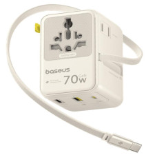Мережевий універсальний перехідник Baseus CG11 70W with retractable cable (2USB-A/3C/1Socket) (E0307E) - Off-White