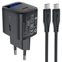 Мережевий зарядний пристрій Acefast A113 PD20W GaN (1USB-C) + кабель Type-C to Type-C - Black