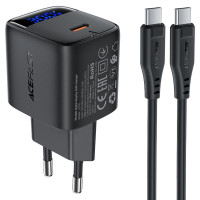 Мережевий зарядний пристрій Acefast A115 PD30W GaN (1USB-C) + кабель Type-C to Type-C - Black
