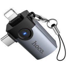 Перехідник Hoco UA46D OTG 2in1 Lightning male/Type-C male to USB female - Metal gray