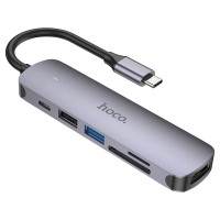 Перехідник Hoco HB28 Multi-function 6in1 (Type-C to HDTV+USB3.0+USB2.0+SD+TF+PD) - Metal gray
