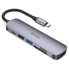 Перехідник Hoco HB28 Multi-function 6in1 (Type-C to HDTV+USB3.0+USB2.0+SD+TF+PD) - Metal gray