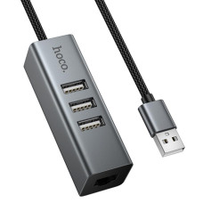 Перехідник HUB Hoco HB1D USB to USB2.0*3+RJ45 - Metal gray