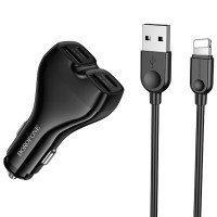 Автомобильное зарядное устройство Borofone BZ35 Leader PD15W+QC3.0 total 30W (2USB-A/2C) + кабель USB to Lightning Black