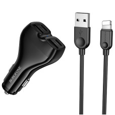 Автомобильное зарядное устройство Borofone BZ35 Leader PD15W+QC3.0 total 30W (2USB-A/2C) + кабель USB to Lightning - Black