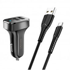 Автомобільний зарядний пристрій Usams C13 2.1A Dual USB + U35 Type-C cable (1m) - Чорний