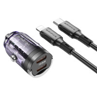 Автомобільний зарядний пристрій Borofone BZ29B Outstanding PD36W (2USB-C) + кабель Type-C to Lightning - Transparent purple