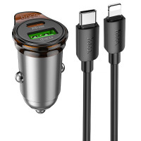 Автомобільний зарядний пристрій Hoco NZ16A Rigorous 43W (1USB-A/1C) + кабель Type-C to Lightning - Metal grey