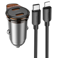 Автомобільний зарядний пристрій Hoco NZ16B Rigorous PD45W (2USB-C) + кабель Type-C to Lightning Metal grey