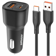 Автомобильное зарядное устройство Amaya ACC-06 PD30W+QC3.0 total 48W (1USB-A/1C) + кабель USB to Type-C - Black